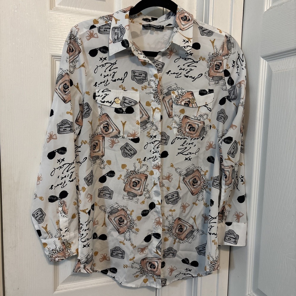 Karl Lagerfeld Paris Womens Button Up Shirt Small Love From Paris Graphic Print